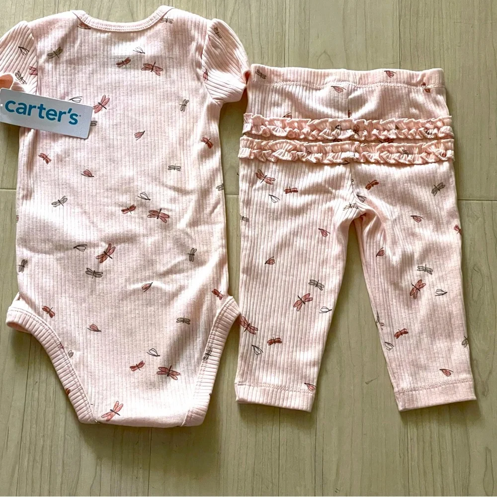 NWT Carter's Light Pink 2 Pieces 6 M Baby Outfit Butterfly / Dragonfly Accents